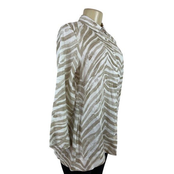iLinen  Zebra Print Button-Up Shirt Natural Ivory Linen Womens Sz M - New - Picture 2 of 7